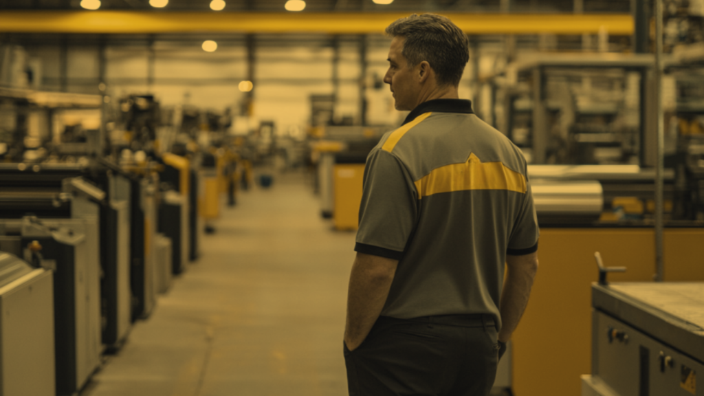 Engineer observing integrated sheet metal fabrication systems in a modern manufacturing facility. Showcasing Total Rollforming's expertise in seamless production integration to enhance efficiency, precision, and productivity in metal fabrication